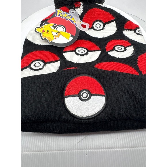 Pokemon Beanie Hat Pokeball Pom Pom Knit Cap Gotta Catch 'Em All OSFM - Picture 2 of 6
